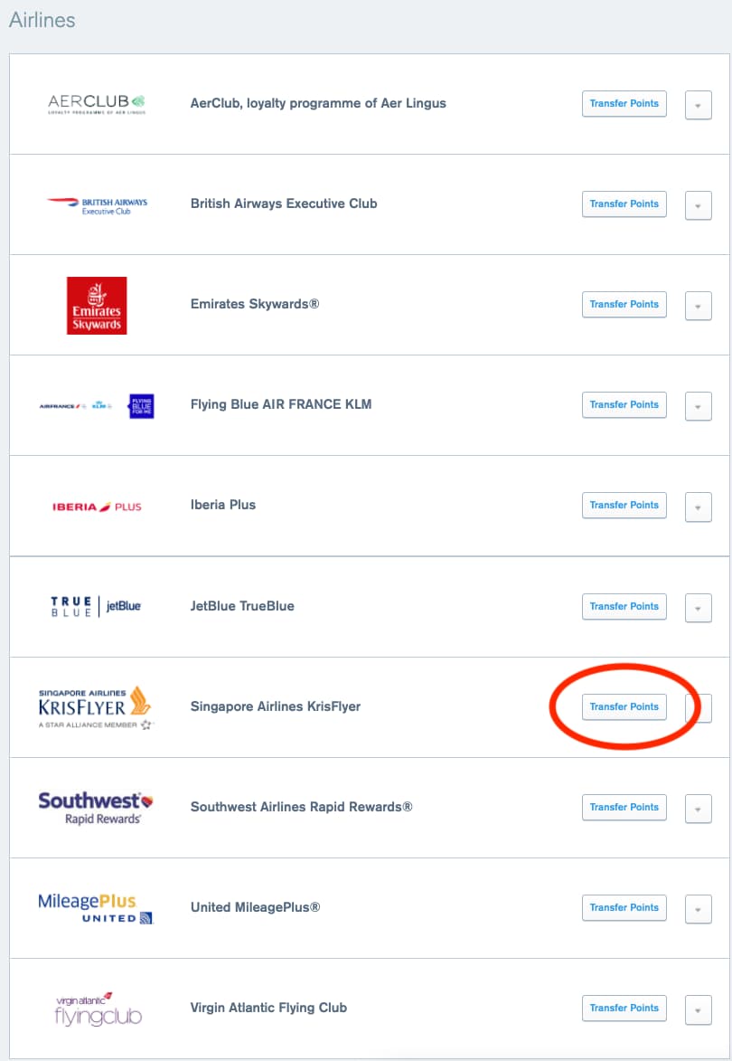 Find Aeroplan in the Airlines list and click Transfer Points